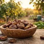 ظرف انجیر خشک روی میز چوبی در باغ میوه