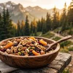 مخلوط آجیل ها در ظرف چوبی روی میز چوبی در دامنه کوهستانی پردرخت سرو سبز بلند
