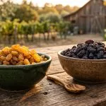 مویز و کشمش در ظروف چوبی جداگانه روی یک میز چوبی درون یک مزرعه